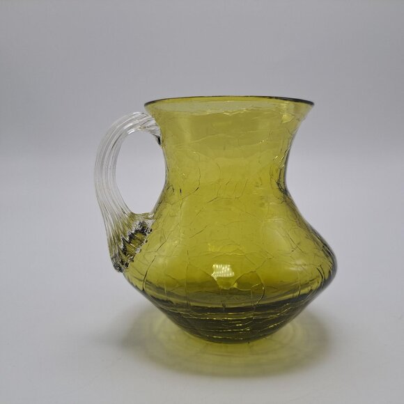 Pilgrim Green Crackle Glass Pitcher Clear Ribbed Applied Handle - Picture 5 of 9